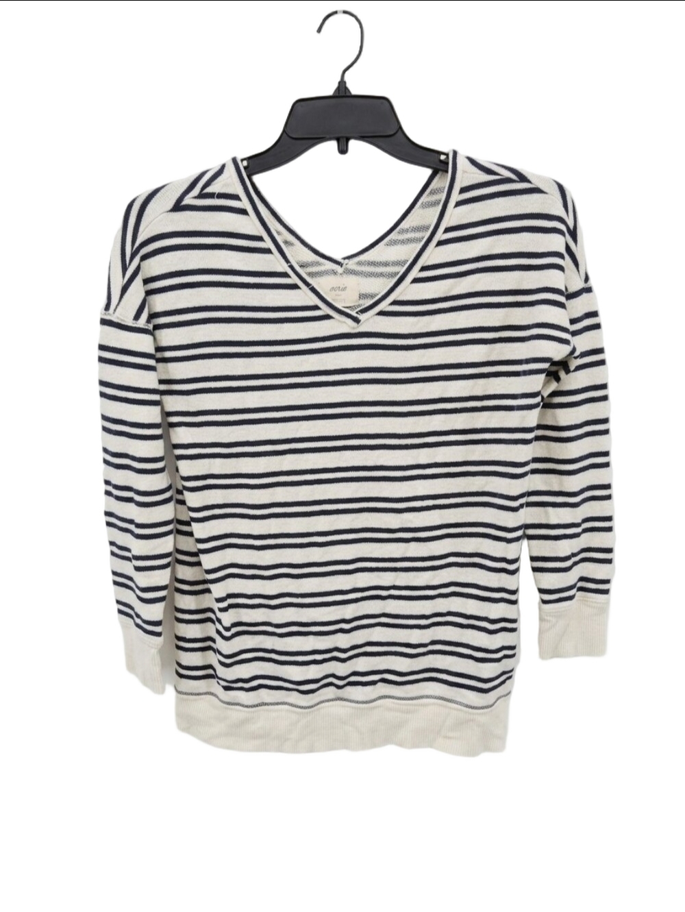 Aerie Striped French Terry V-Neck Sweatshirt Cream Navy Raw Neckline Size M